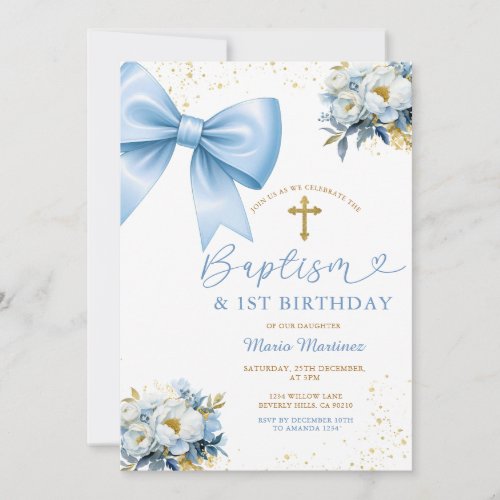Blue Bow Coquette Girl Baptism and Birthday Floral