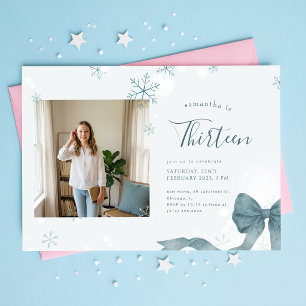 Blue Bow Coquette Girls Photo Winter 13th Birthday Invitation