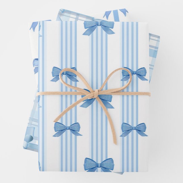 Blue Bow Coquette Pattern Wrapping Paper Sheets (In situ)