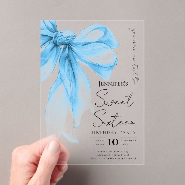 Blue Bow Coquette Script Sweet 16 Party Acrylic Invitations (Insitu (Handheld))