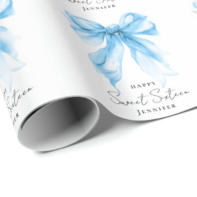 Blue Bow Coquette Script Sweet 16 Party  Wrapping Paper