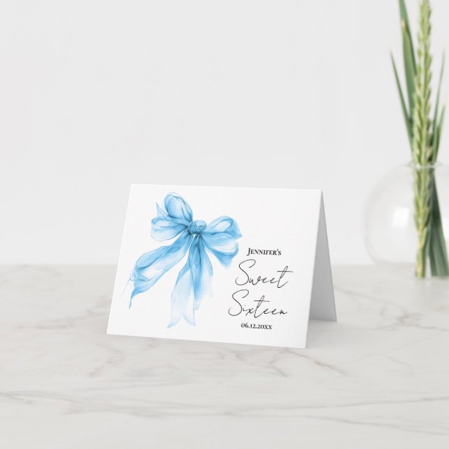 Blue Bow Coquette Script Sweet 16 Thank You  Card (Front)
