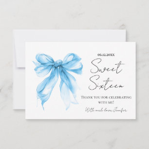Blue Bow Coquette Script Sweet 16 Thank You  Card