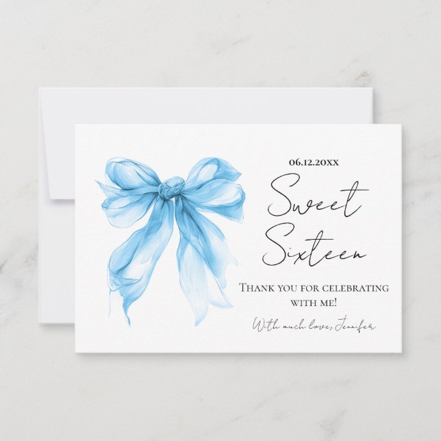 Blue Bow Coquette Script Sweet 16 Thank You  Card (Front)