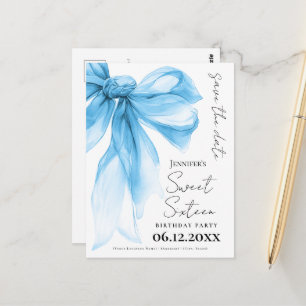 Blue Bow Coquette Sweet 16 Save the Date  Postcard