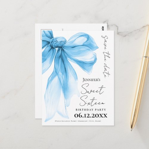 Blue Bow Coquette Sweet 16 Save the Date 