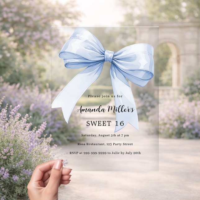 Blue bow cream beige elegant Sweet 16 clear Acrylic Invitations (Creator Uploaded)