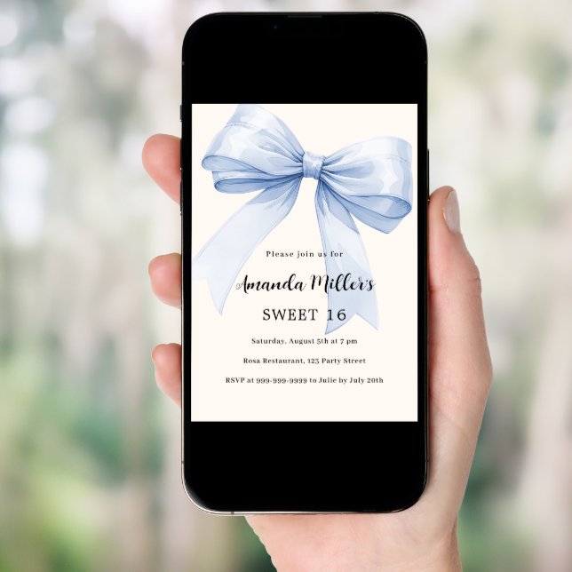 Blue bow cream beige elegant Sweet 16 Invitation (Front Digital)