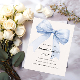 Blue bow cream beige elegant Sweet 16 invitation