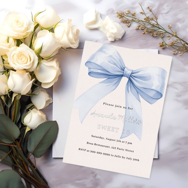 Blue bow cream beige elegant Sweet 16 silver Foil Invitation (Creator Uploaded)