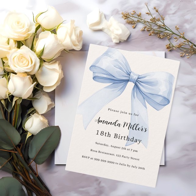 Blue bow cream beige luxury birthday invitation (Creator Uploaded)
