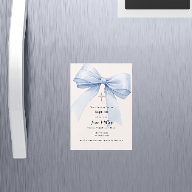 Blue bow cream boy Baptism Magnetic Invitation (Creator Uploaded)