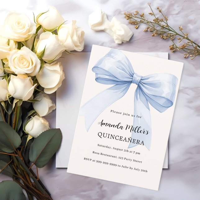 Blue bow cream elegant Quinceanera Invitation (Creator Uploaded)