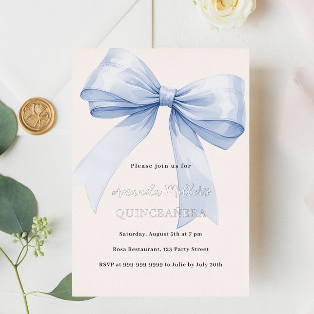 Blue bow cream elegant Quinceanera luxury silver Foil Invitation (Creator Uploaded)