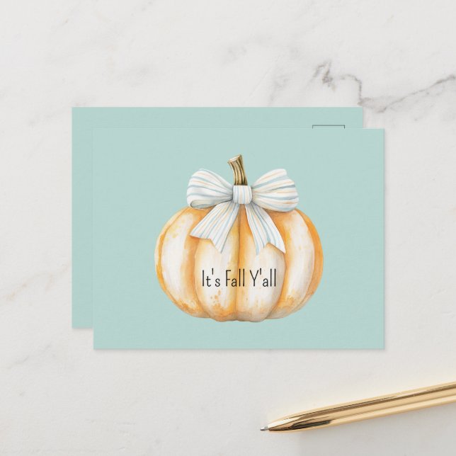 Blue Bow Cream Orange Pumpkin  Postcard (Front/Back In Situ)
