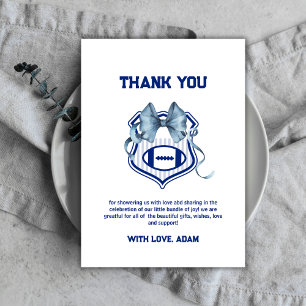 Blue Bow Crest Rookie Football Sport Baby Shower Thank You Card