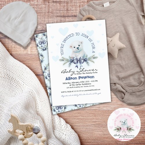 Blue Bow Cute Bear Cub Winter Boy Baby Shower Invitation