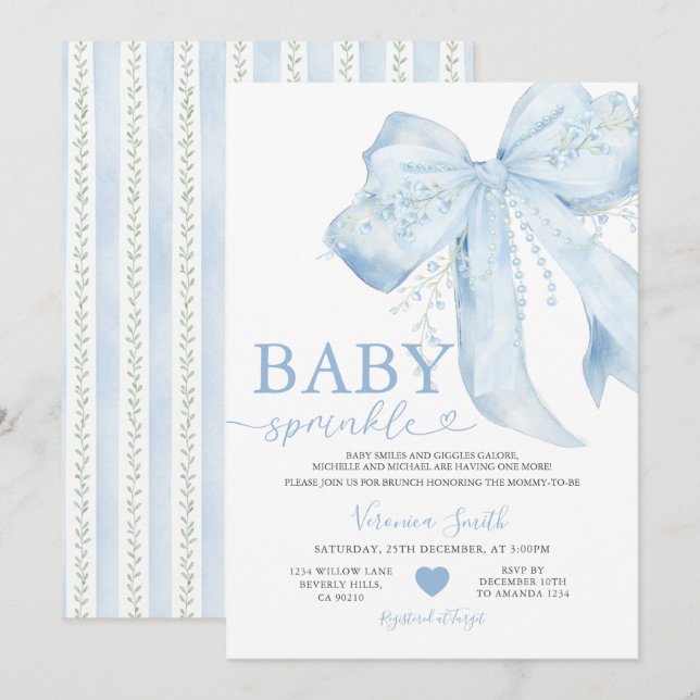 Blue Bow Cute Pearls Coquette Baby Shower Invitation (Front/Back)