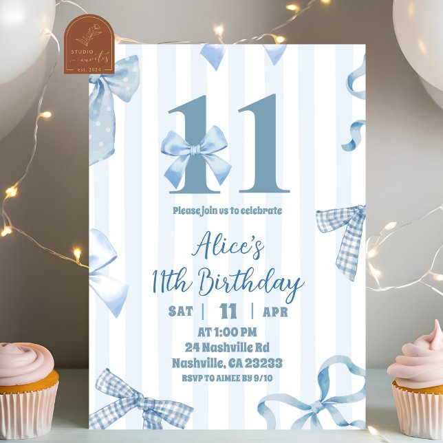 Blue Bow Double Digit Girl Birthday Invitation (Creator Uploaded)