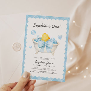 Blue Bow Duck 1st Birthday Party Invitation
