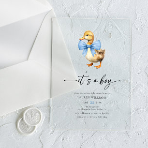 Blue Bow Duck Boy Baby Shower Acrylic Invitations