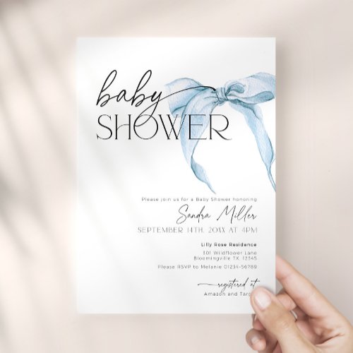 Blue Bow Dusty Coquette Baby Shower Invitation