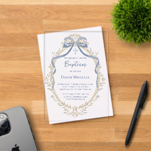 blue bow elegant beige frame Baptism Acrylic Invitations