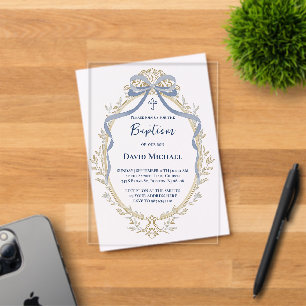 blue bow elegant beige frame Baptism Acrylic Invitations