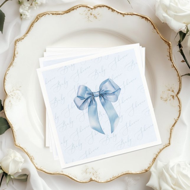 Blue bow elegant calligraphy baby boy shower napkins (Creator Uploaded)