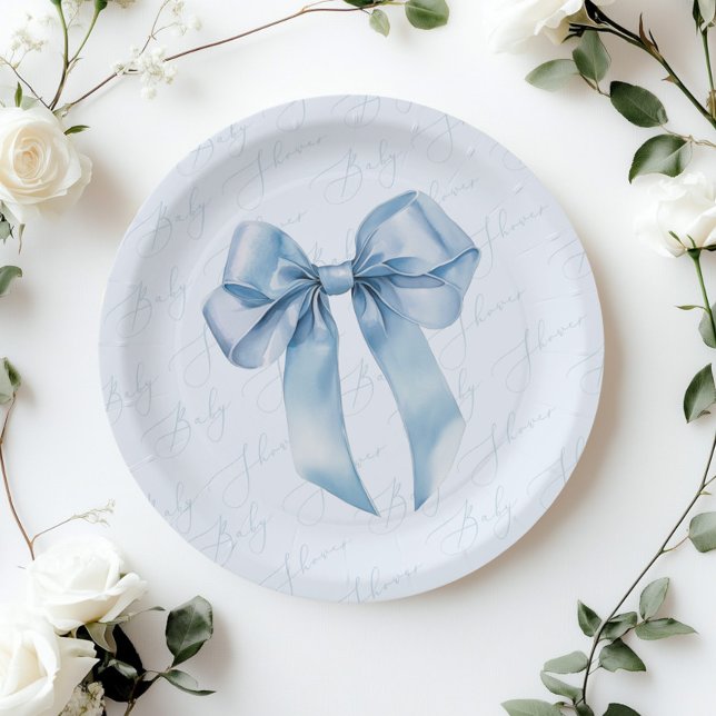 Blue Bow Elegant calligraphy Boy Baby Shower Paper Plates (Creator Uploaded)