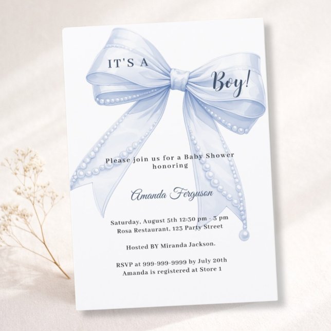 Blue bow elegant pearls boy Baby Shower Invitation (Creator Uploaded)