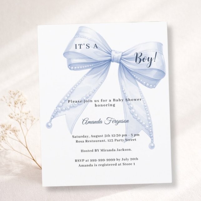 Blue bow elegant pearls boy Baby Shower invitation (Creator Uploaded)