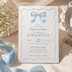 Blue Bow Elegant Quinceañera Letterpress Invitation