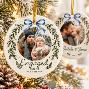 Blue Bow Engagement Garland Green Script 2 Photo Ceramic Ornament