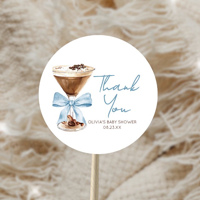 Blue Bow Espresso Martini Baby Shower Classic Round Sticker (Creator Uploaded)