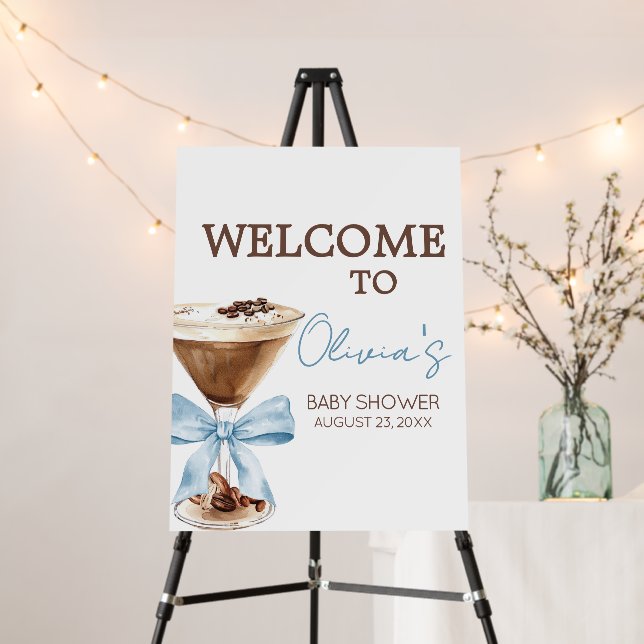 Blue Bow Espresso Martini Baby Shower Welcome Sign (In Situ (Stand))