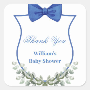 Blue Bow Eucalyptus Crest Baby Shower Thank You Square Sticker