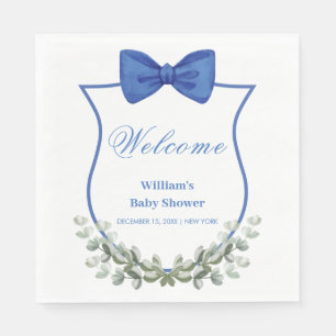 Blue Bow Eucalyptus Crest Baby Shower Welcome Napkins