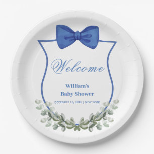 Blue Bow Eucalyptus Crest Baby Shower Welcome Paper Plates