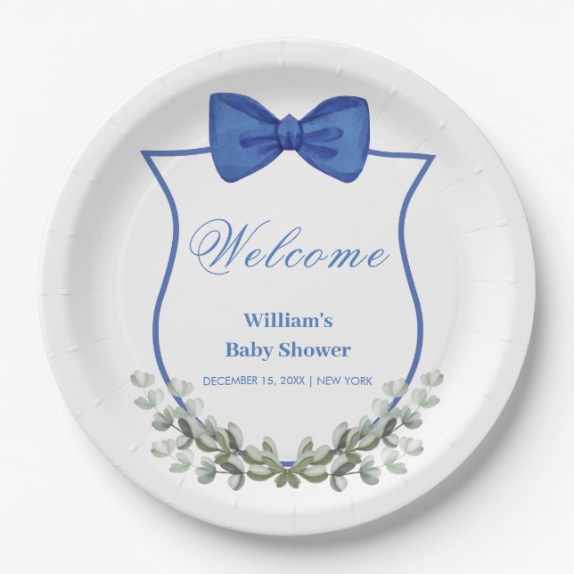 Blue Bow Eucalyptus Crest Baby Shower Welcome Paper Plates (Front)