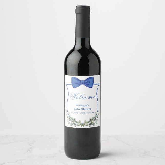 Blue Bow Eucalyptus Crest Baby Shower Welcome Wine Label (Front)