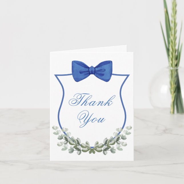 Blue Bow Eucalyptus Crest Boy Baby Shower  Thank You Card (Front)