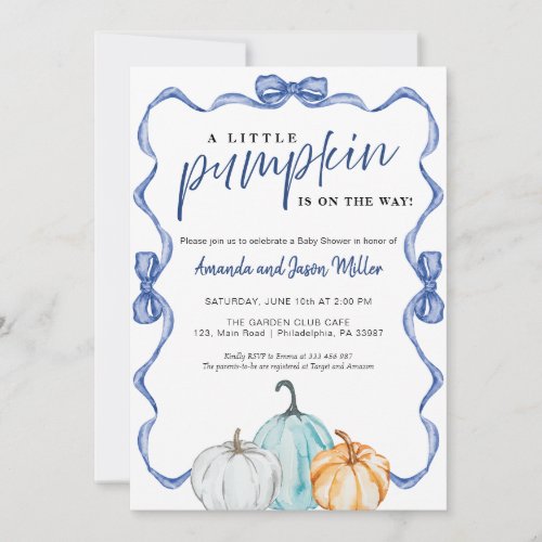 Blue Bow Fall Baby Shower Pumpkins elegant Save The Date