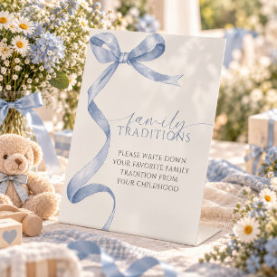 Blue Bow Favorite Family Traditions Game Pedestal Sign