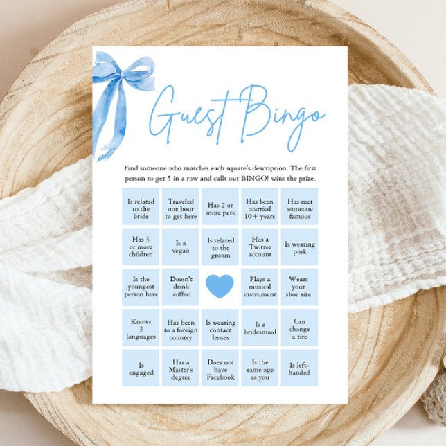 Blue Bow Find the Guest Bingo Bridal Shower Game Invitation (Modern Watercolor Dusty Blue Bow Find the Guest Bingo Bridal Shower Game)