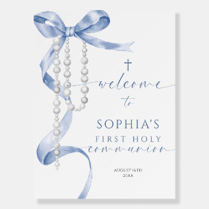 Blue Bow First Holy Communion Welcome Sign