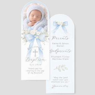 Blue Bow Floral Baby Boy Baptism Godparents Bookmarks
