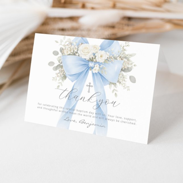 Blue Bow Floral Baby Boy Baptism Thank You Card (Creator Uploaded)