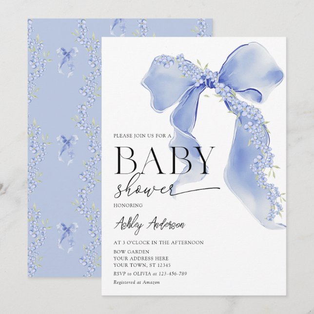 Blue Bow Floral Baby Boy Shower Invitation (Front/Back)