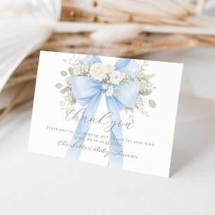 Blue Bow Floral Baby Boy Shower Letterpress Thank You Card